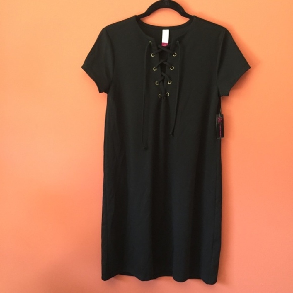 Black Lace Up Neckline Dress